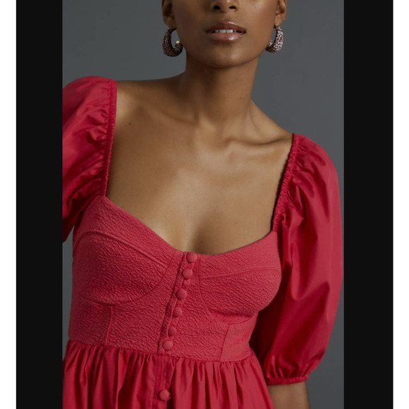 Anthropologie Red Puff-Sleeve Sweetheart Mini Dress - New - Medium - Picture 3 of 14